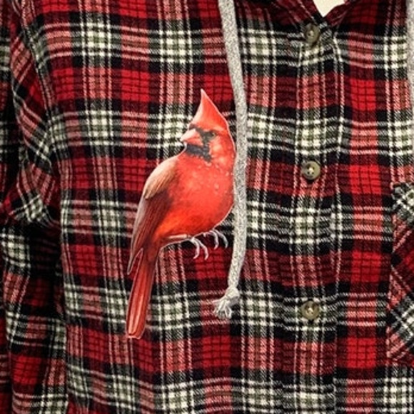 New Hand Printed Womens 3XL Red Cardinal Bird Long Sleeve Plaid Flannel Hoodie - Picture 2 of 4